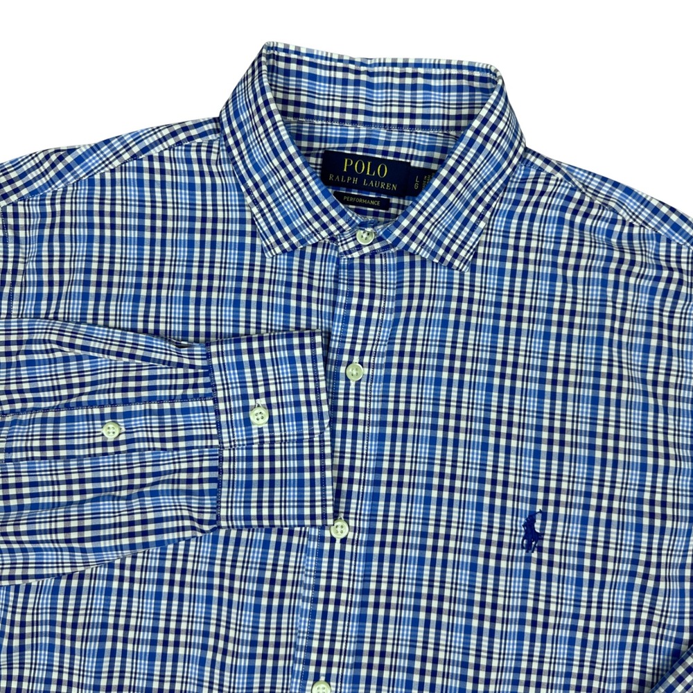 Polo Ralph Lauren Performance Blue White Plaid Stretch Long Sleeve Shirt Mens L